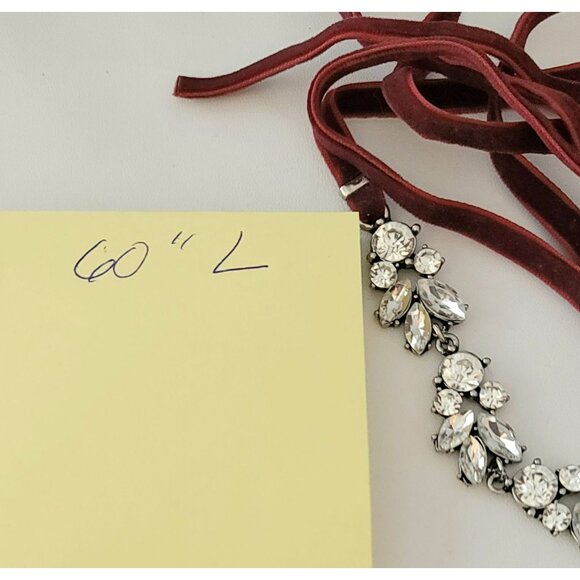 Silver Tone Clear Rhinestone Collar, Red Velvet Cord Statement Necklace 60" Long - Picture 7 of 8
